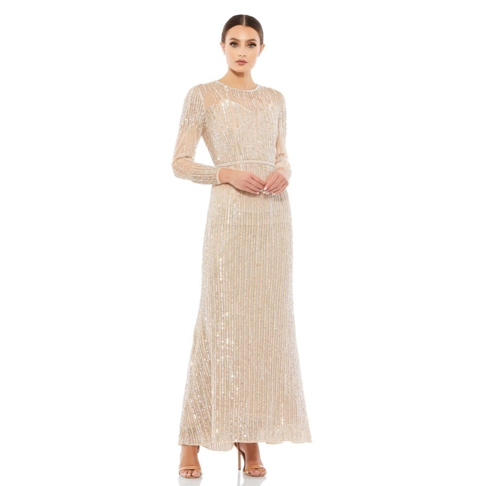 Mac Duggal 93629 NWT SEQUINED ILLUSION HIGH NECK LONG SLEEVE TRUMPET GOWN